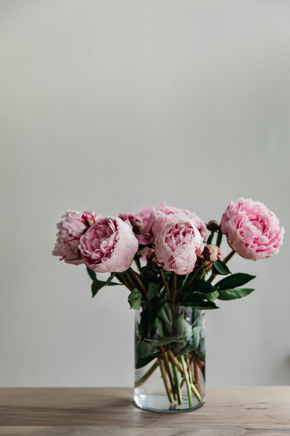 Pink peonies arranged in a clear glass vase