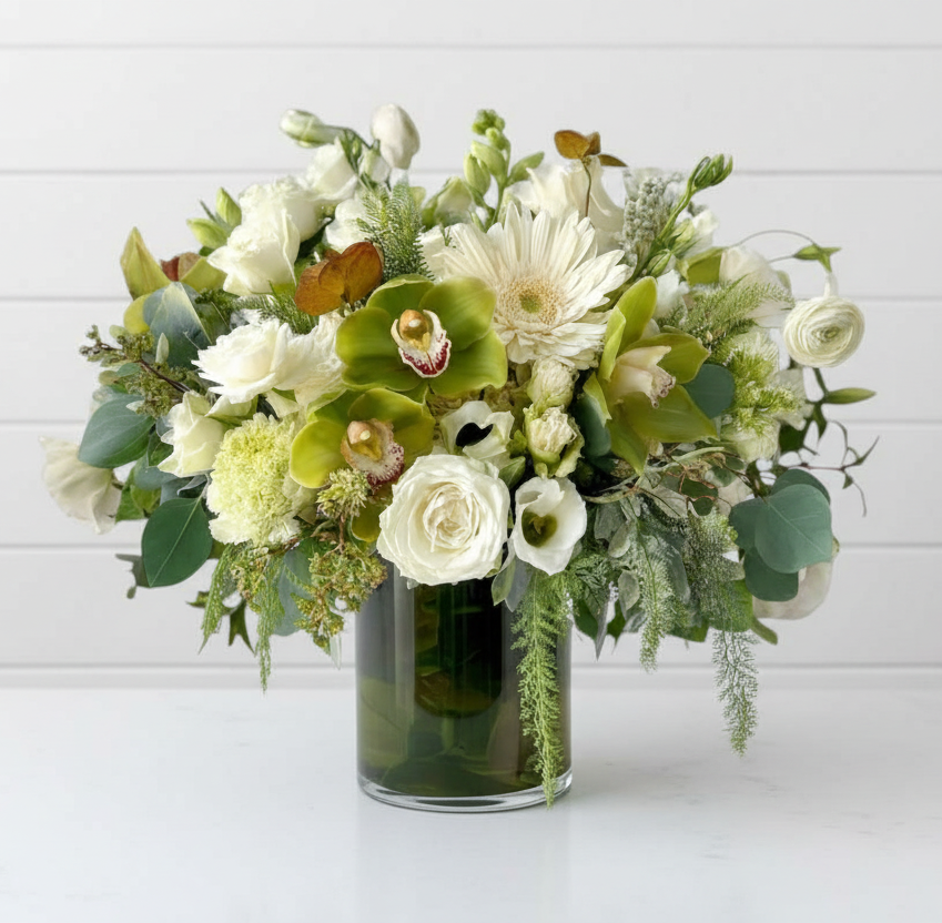 White & Green Flowers in Glass Vase