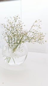 Round clear glass flower bowl with small white blooms against white; general shape reference only, not the exact ribbed 20 cm vase. Photo: yasemin . / Pexels.