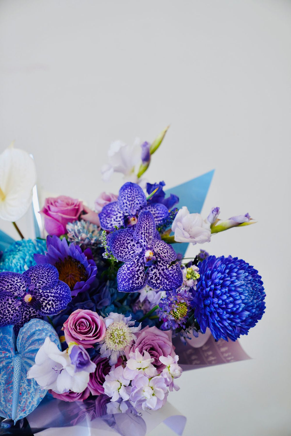 Pink roses and purple orchids on a white background; example of botanical components, not the assembled two-item gift. Photo: Andy Lee / Pexels.