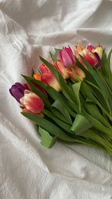 Mixed spring tulips against white fabric; illustrative flowers for the two-bouquet bundle, not both finished bouquets. Photo: Alexandra Matviets / Pexels.